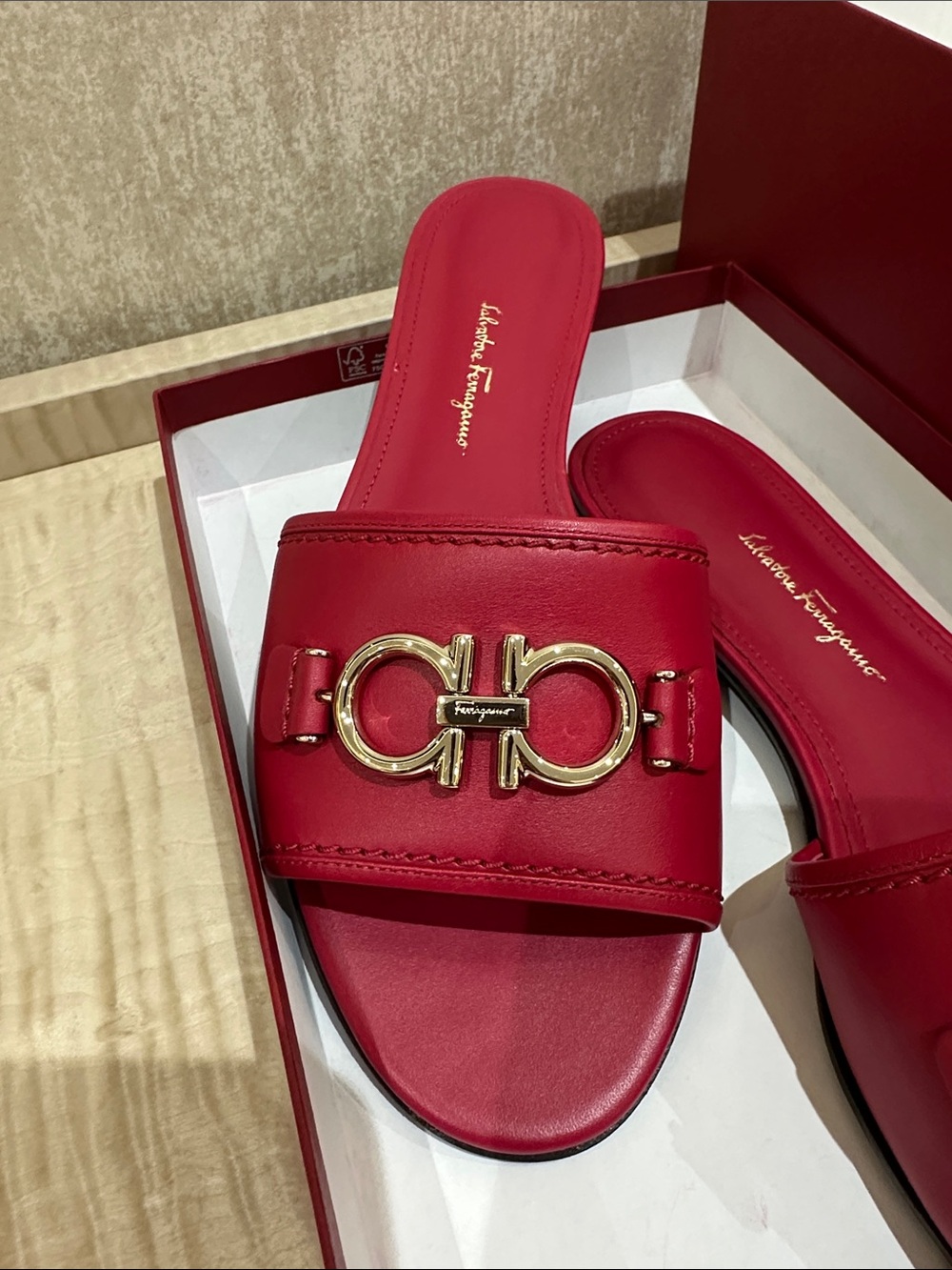 Salvatore Ferragamo Red Leather Gancini Slide Mules - Picture 2 of 5
